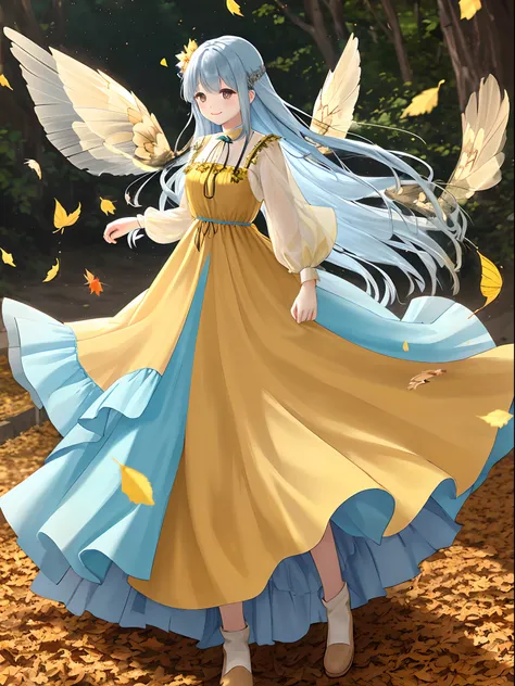 Yellow and brown long dress　Pretty girl　long light blue hair　a smile　Black eyes　Photo of partially fallen leaves fluttering　Dress and hair fluttering in the wind