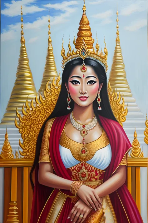 an oil painting featuring an alluring lady in traditional Myanmar dress against a white acrylic backdrop, inspired by the splendor of the Shwedagon Pagoda. Her long hair symbolizes grace and spirituality, adding depth to the artwork