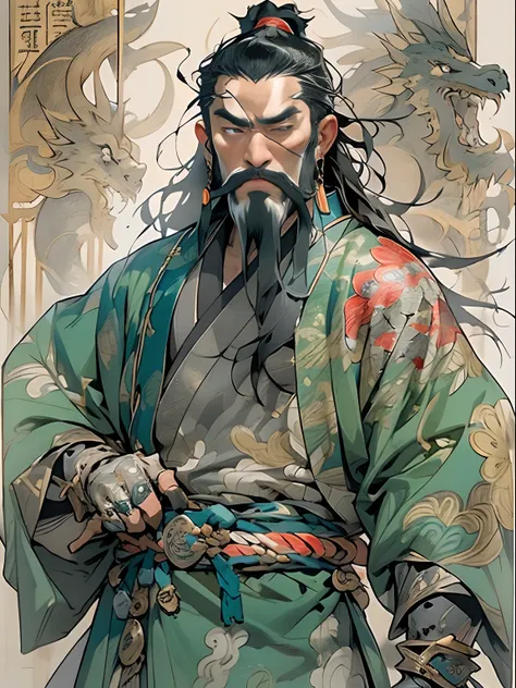 (((China-style，Ink painting method，Half-length portrait，Intense color，Han dynasty, China，Hanfu，Armor，Guan yu，Guan Yunchang，of a guy，Ruddy killing square face，Hold the Blue Dragon Moon Knife in his right hand，Stroke your beard with your left hand，Long hair，...