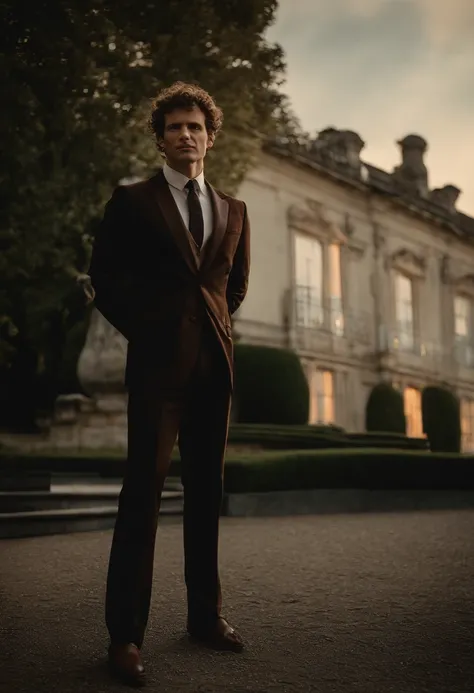 corps entier, Wide-angle photo of the body of a handsome man, Grand et en forme, (40 ans:1.1), (shaven:1.2), (short brown hair and a little curly:1.5),(very short hair:1.6). Tight suit in dark blue velvet:1.3). (posing outside the mansion), Cold and dark s...