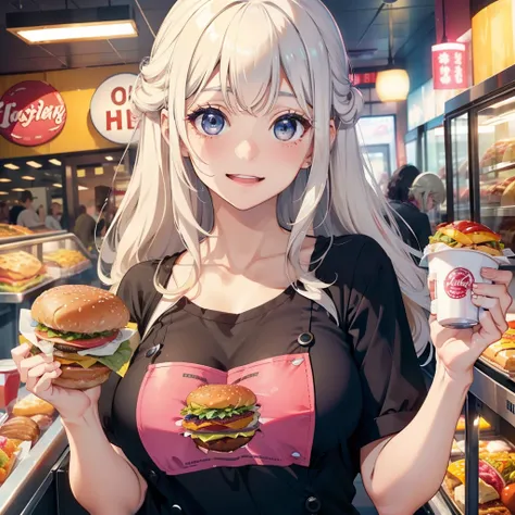 1 beauty，Watery Big Eyes，Happy smile，long eyelasher，falda corta，Blushlush，Platinum Blonde Perm Hair,in fast food shop,Open your mouth wide and put a hamburger in your mouth