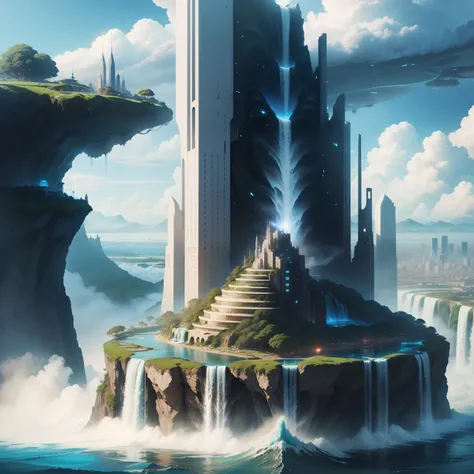 City of Water、water world、ＳＦart by、Fantasia、futuristic cities、great outdoors、Super huge waterfall、dream、Huge construction、top-quality、​masterpiece、planet earth、HD Images、Beautiful future city、Height through the clouds、