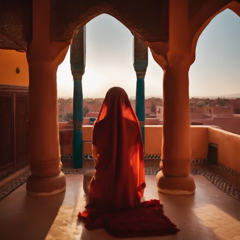 Moroccan rooftop, one curvy woman from behind, facing view, praying, sobbing, (riad rooftop), (Marrakech view),