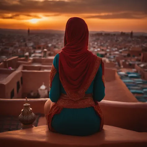 Moroccan rooftop, one curvy woman from behind, facing view, praying, sobbing, (riad rooftop), (Marrakech view),