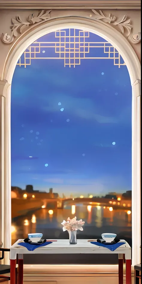 There is a table，There are bowls and plates on top， window to night time, Outside the window is the river city background,. star lit sky, cityscape in the window,, space seen outside from a window, Little blue star