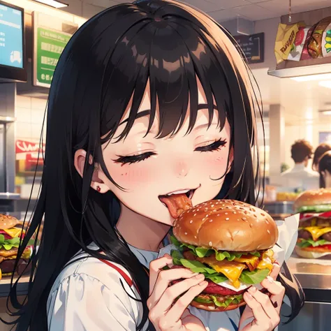 1 beauty，17-year-old high school girl, Watery Big Eyes，(Happy smile)，long eyelasher, Blushlush，Black Perm Hair,in fast food shop, (Close your eyes, Smile and open your mouth wide), ((Gnawing on a grabbed hamburger with both hands)),(Eat cleanly)