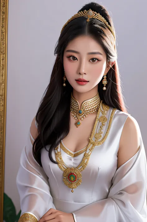 an oil painting featuring an alluring lady in traditional Myanmar clothing reminiscent of Mandalays royal attire. Her long hair is a testament to grace, and the white acrylic backdrop highlights the fine details of her outfit. The scene radiates regal char...