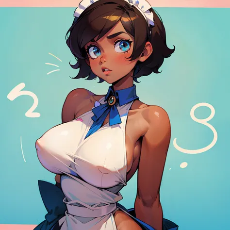 cute androgynous bimbo maid girl, short hair, sporty, tan skin, huge breasts