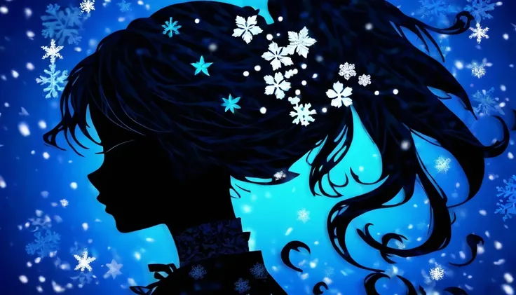 (Silhouette Art,cutouts:1.6)
(((Paper cutting art,A world where only black exists:1.3)

(Cowboy Shot),1 girl,Solo,
(Kimono Girl,profile:1.2),white, Clear and beautiful face,

BREAK
(Light blue snowflakes)
Textured glass background,