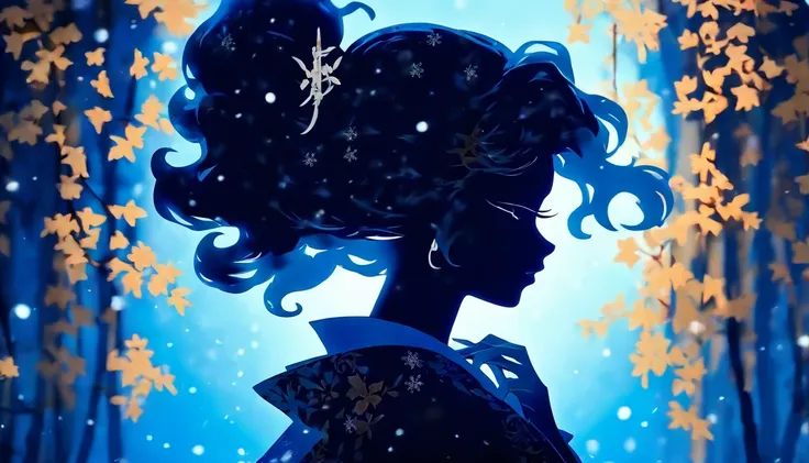 (Silhouette Art,cutouts:1.6)
(((Paper cutting art,A world where only black exists:1.3)

(Cowboy Shot),1 girl,Solo,
(Kimono Girl,profile:1.2),white, Clear and beautiful face,

BREAK
(Light blue snowflakes)
Textured glass background,