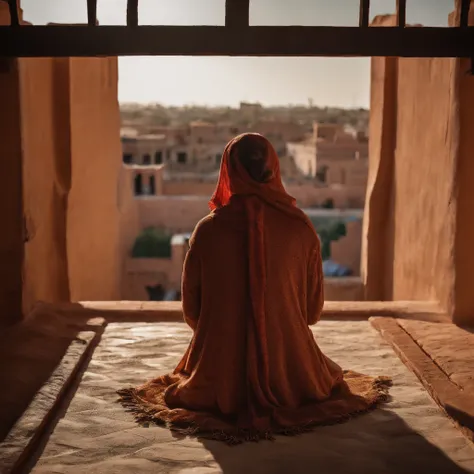 Moroccan rooftop, one curvy woman from behind, facing view, prostrating in prayer, sobbing, (riad rooftop), (Marrakech view),