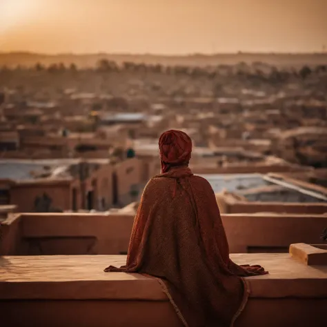 Moroccan rooftop, one curvy woman from behind, facing view, prostrating in prayer, sobbing, (riad rooftop), (Marrakech view),