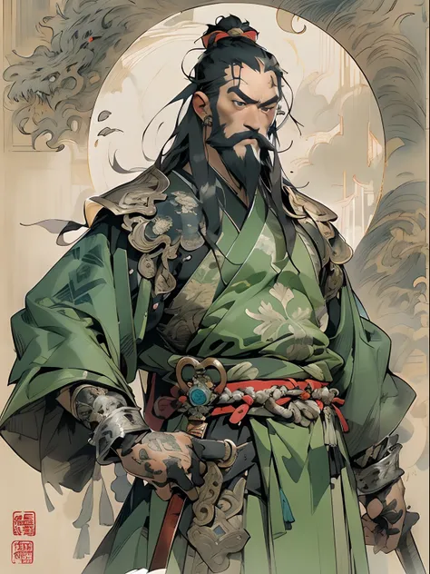 (((China-style，Ink painting method，Half-length portrait，Intense color，Han dynasty, China，Hanfu，Armor，Guan yu，Guan Yunchang，of a guy，Ruddy killing square face，Hold it with your right hand(Close the knife)Qinglong Weir Moon Knife，Stroke your beard with your ...