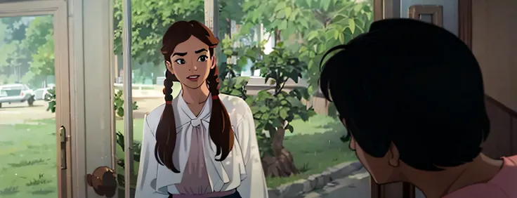 disney cartoon scene, old cartoon style, disney princess, there is a girl standing in front of a door