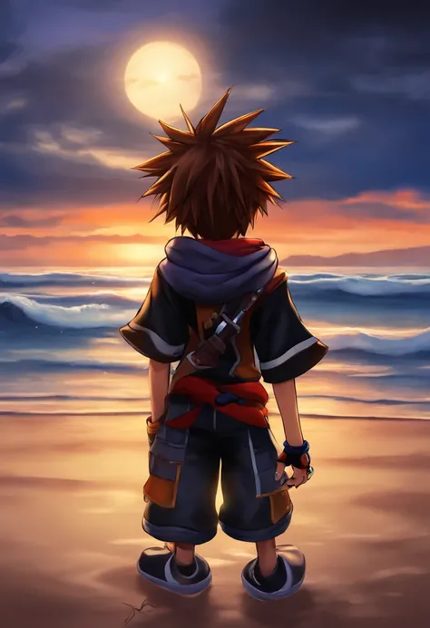 Sora, Kingdom Hearts on a beach on twilight