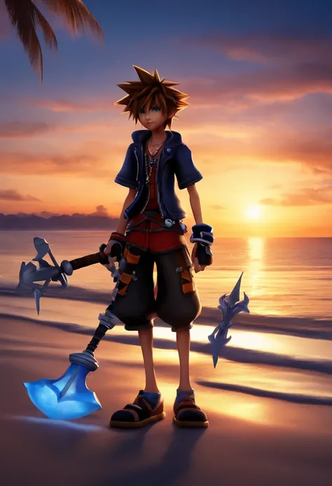 Sora, Kingdom Hearts on a beach on twilight