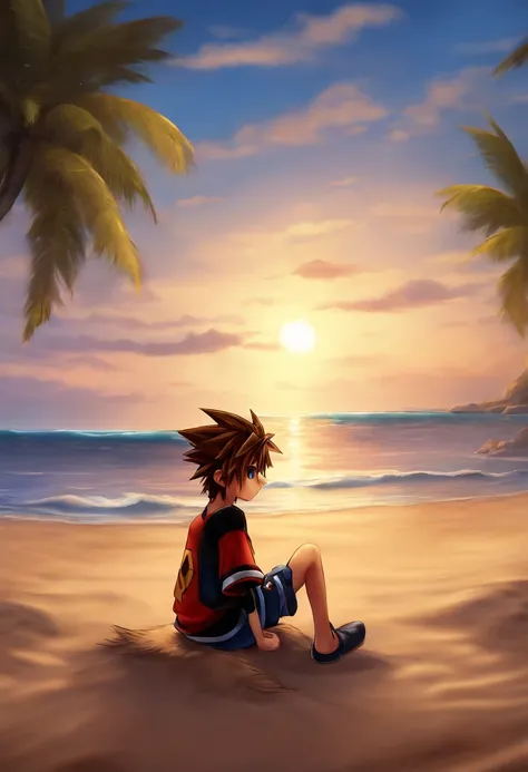 Sora, Kingdom Hearts on a beach on twilight