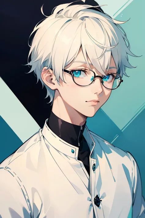 ((Masterpiece, Highest Quality)), Detailed Face, 1boy, young boy, white sweater, turquoise eyes, (((Top Quality))), Short hair, Shaved whiskey,Spits, white colored hair, Stylish glasses