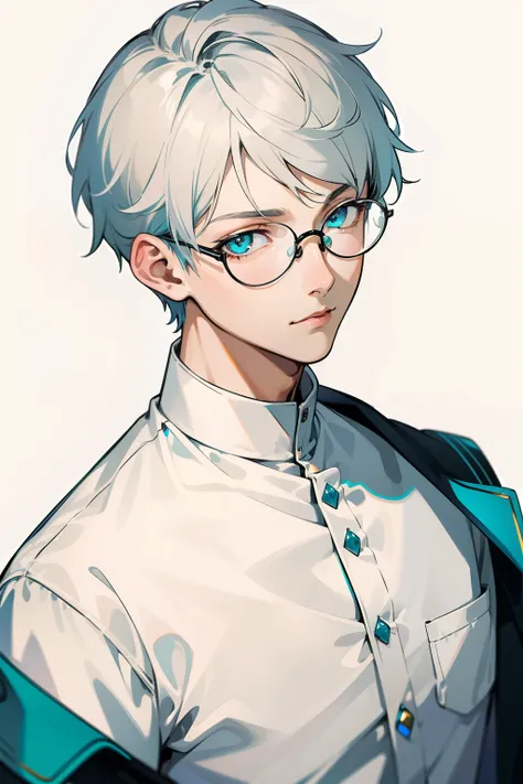 ((Masterpiece, Highest Quality)), Detailed Face, 1boy, young boy, white sweater, turquoise eyes, (((Top Quality))), Short hair, Shaved whiskey,Spits, white colored hair, Stylish glasses