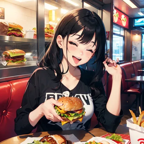 1 beauty, 24-year-old woman, Watery Big Eyes，(Happy smile)，long eyelasher, Blushlush，Black Perm Hair,At the table in a fast food restaurant, (Close your eyes, Smile and open your mouth wide), ((Gnawing on a grabbed hamburger with both hands)),(Eat cleanly)