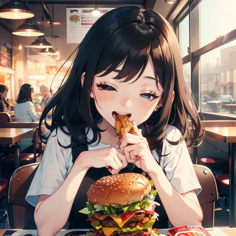 1 beauty, 24-year-old woman, Watery Big Eyes，(Happy smile)，long eyelasher, Blushlush，Black Perm Hair,At the table in a fast food restaurant, (Close your eyes, Smile and open your mouth wide), ((Gnawing on a grabbed hamburger with both hands)),(Eat cleanly)