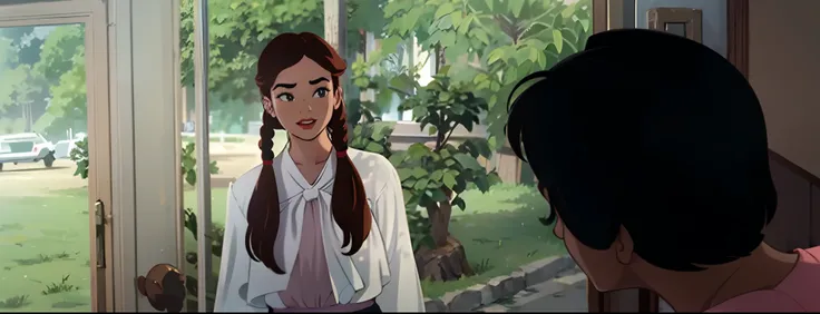 Disney cartoon scene, old cartoon style, disney princess, there is a girl standing in front of a door