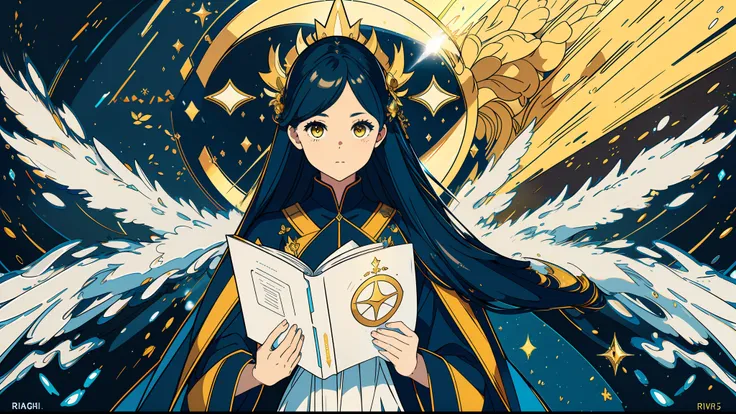 1 mature girl with long blue and yellow eyes with a big bible in her hand looking at camera, alone, High detail mature face, tie hair on the left side, golden eyes, full yellow cloak, black priest cloth, floating halo ring with radiance, high res, ultra sh...