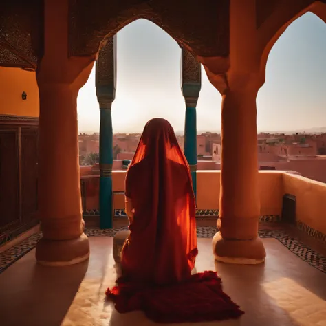 Moroccan rooftop, one curvy woman from behind, facing view, praying, sobbing, (riad rooftop), (Marrakech view),