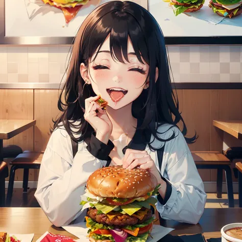 1 beauty, 27-year-old woman, Watery Big Eyes，(Happy smile)，long eyelasher, Blushlush，Black Perm Hair,At the table in a fast food restaurant, (Close your eyes, Smile and open your mouth wide), ((Gnawing on a grabbed hamburger with both hands)),(Eat cleanly)...