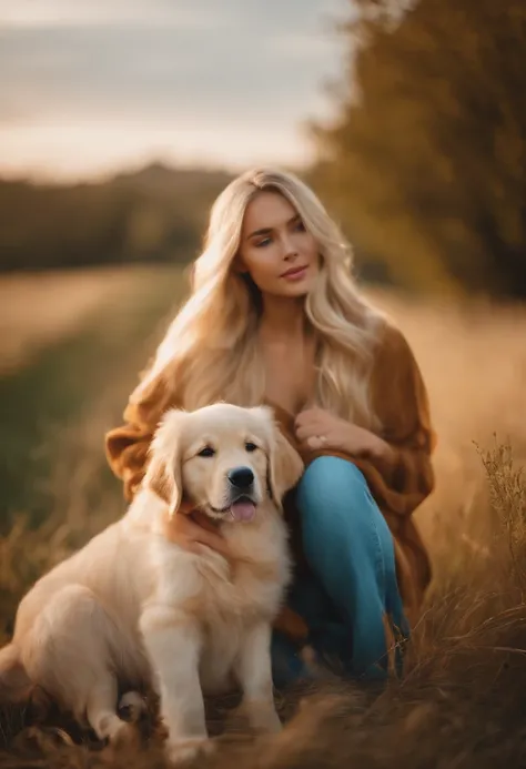 blonde, holding a golden retriever puppy