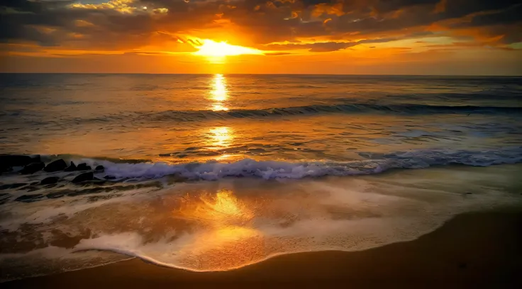 An absolutely enchanting sunset on the beach mixed with orange, Red, pinks and yellows in the sky. The water is crystal clear, Gently kiss the shore, And the sandy beaches are endless. The scene is dynamic and breathtaking, Seagulls soar into the air、Palm ...