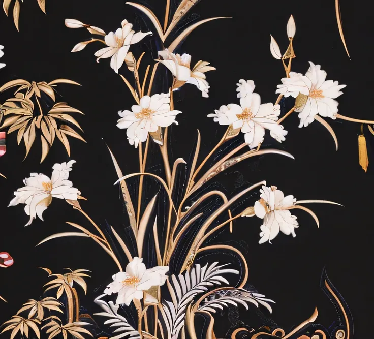 Textile design，Background wall design，the wallpaper，Small European flowers，Small European white flowers，There is a black and white floral wallpaper with gold accents, oriental wallpaper, gold flowers, chinoiserie pattern, wallpaper design, Black flowers, B...