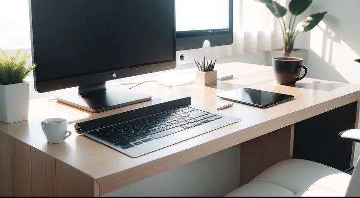 Heres a description of a photo featuring an office setup with a laptop and a desk against a pure white background:

Centered in the frame, an immaculate and modern office space is showcased. The background is pure, snowy white, emphasizing the clean and or...