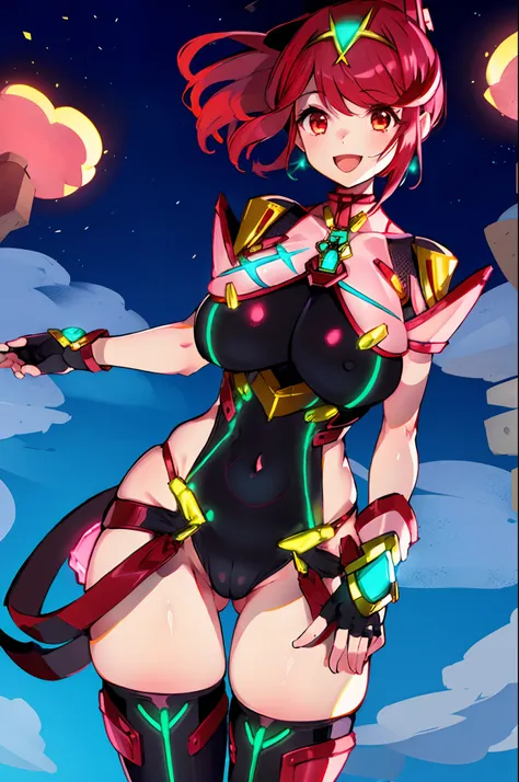 pyra (xenoblade), teen_1girl, loli, bangs, black gloves, breasts, red eyes, shout, earrings, eyelashes, fingerless gloves, floating hair, , gem, gloves, hair ornament, headpiece, jewelry, big_breasts, leaning back, swimsuit, neon trim, official art, pose, ...