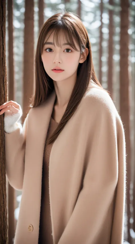 1womanl, up of face, mideum breasts, light brown hair, Blunt bangs, hair behind ear, hair over shoulder, Long hair, slender body shape, Ultra Fine Face, Thin face, Delicate lips, Beautiful eyes, thin blush, eyes are light brown,View here, Ultra-thin hands,...