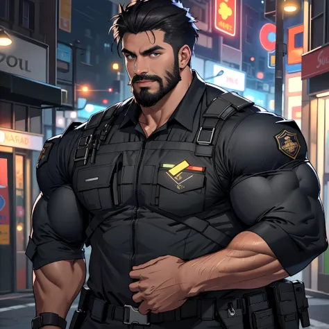 Best quality, masterpiece, super high resolution, detailed background, realistic, illustration, single, 1 boy, muscle man, beard, swat, street, muscular, facial hair, volumetric lighting, depth of field,black clothes