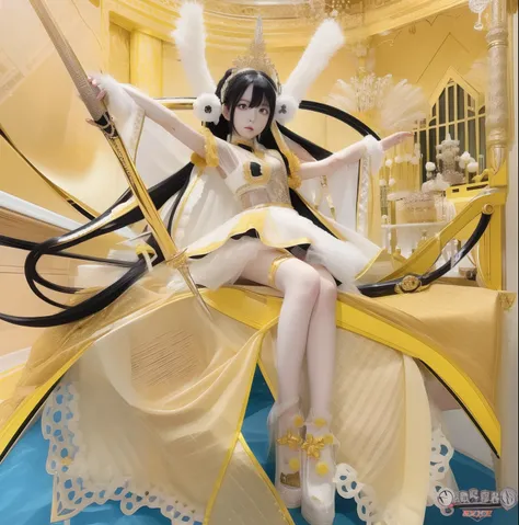 1Girl, Mikanko the of oohime, Black hair, drees white gold, Realistic, Ultra Detail, eyes yellow , Yellow sword, 70mm eyes