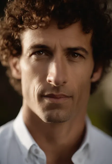 Cinematic portrait , a handsom man, Tall and fit, (40 years old:1.1), (shaven:1.2), (short brown fine curly hair :1.5),(very short fine curly hair:1.6). black tight suit, white shirt . Minimalistic background, clean composition, strong details, Muted Colou...