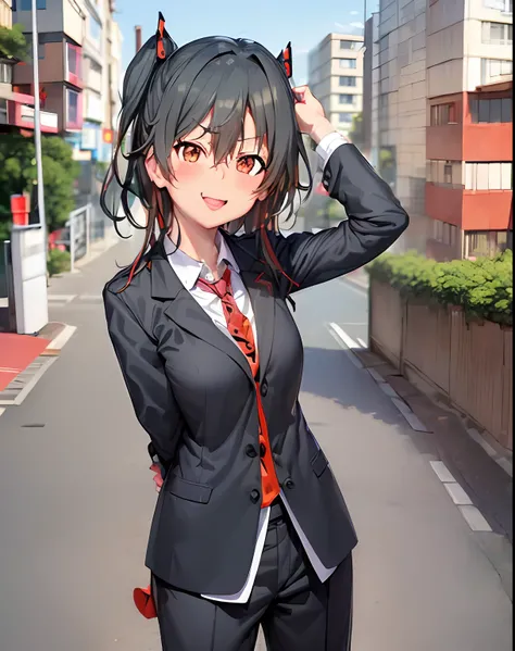 (yukinoshitaYukino:1.5), (oregairu:1.5), masterpiece, best quality, absurdres, 1girl, looking at viewer, standing, upper body, outdoors, street, city, arms behind back, smile, wearing tuxedo, formal suit, butler