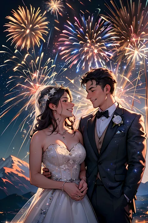 ((Best quality, A high resolution, Masterpiece:1.2)), (Romantic), (newlyweds:1),(Happy smile),(Clear facial features:1.5), Delicate facial features, Clear facial features, Optimized details,(Stargazing at the top of the mountain), (Spectacular sky firework...