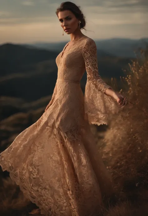 Full body of woman wearing beige lace dress