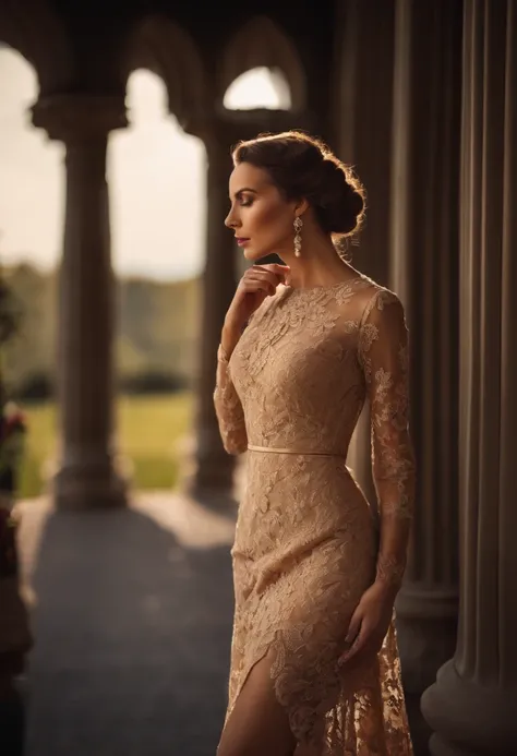 Full body of woman wearing beige lace dress