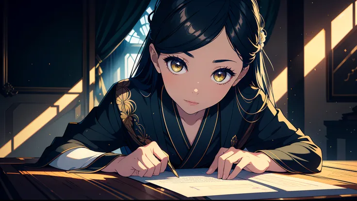 an alone mature girl with long blue and yellow eyes with reading a letter on the table, high detail mature face, tie hair on the...