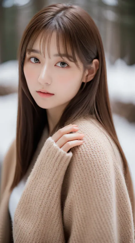 1womanl, up of face, mideum breasts, light brown hair, Blunt bangs, hair behind ear, hair over shoulder, Long hair, slender body shape, Ultra Fine Face, Thin face, Delicate lips, Beautiful eyes, thin blush, eyes are light brown,View here, Ultra-thin hands,...