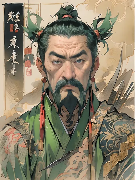 (((China-style，Ink painting method，Half-length portrait，Intense color，Han dynasty, China，Hanfu，Armor，Guan yu，Guan Yunchang，of a guy，Ruddy killing square face，Hold the Blue Dragon Moon Knife in his right hand，Stroke your beard with your left hand，Long hair，...