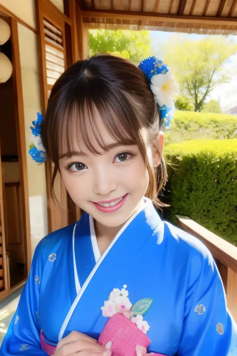 1girl,front,cute,kimono,blue,smile