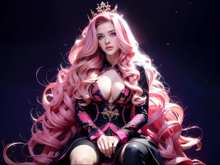 one woman, Eleven, long curly hair, voluminous, pink hair, blue eyes, Eleven, sitting on a throne, dark, sexy outfit, dark background