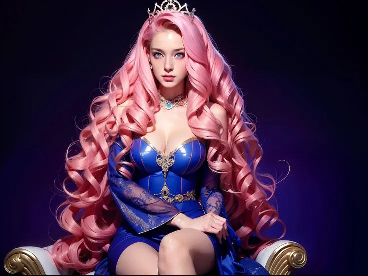 one woman, Eleven, long curly hair, voluminous, pink hair, blue eyes, Eleven, sitting on a throne, dark, sexy outfit, dark background