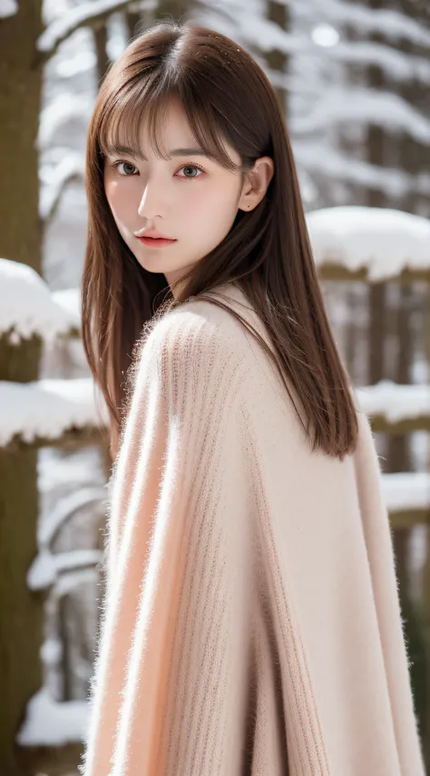 1womanl, up of face, mideum breasts, light brown hair, Blunt bangs, hair behind ear, hair over shoulder, Long hair, slender body shape, Ultra Fine Face, Thin face, Delicate lips, Beautiful eyes, thin blush, eyes are light brown,View here, Ultra-thin hands,...