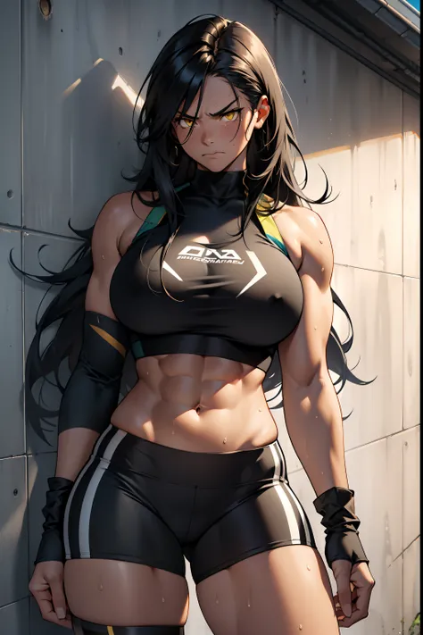 1 girl, solo, black, hair, extremely long hair, yellow eyes, angry, large breasts, thick thighs, curvy, wide hips, (muscular), toned body, crop top, bike shorts, navel, abs, concrete, sweaty